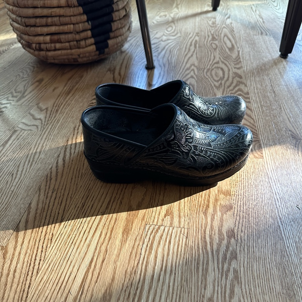 Dansko Clogs - Black/Gray Paisley Design